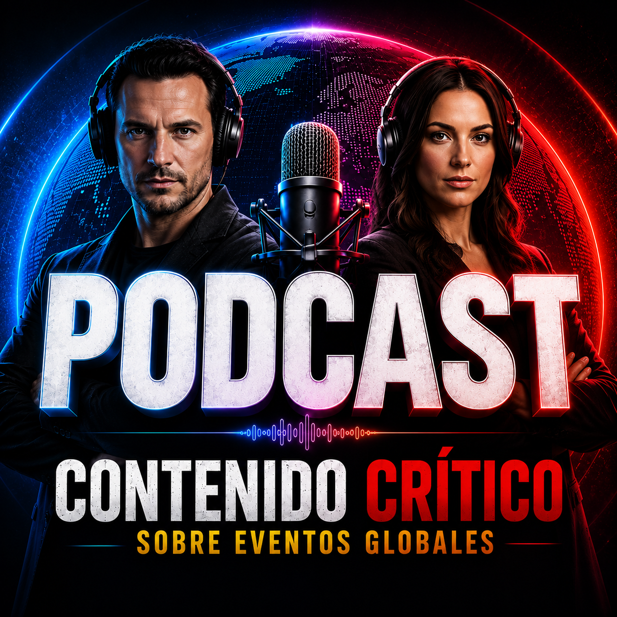 Podcast: contenido crítico sobre eventos globales. Dos locutores con auriculares frente a un globo terráqueo